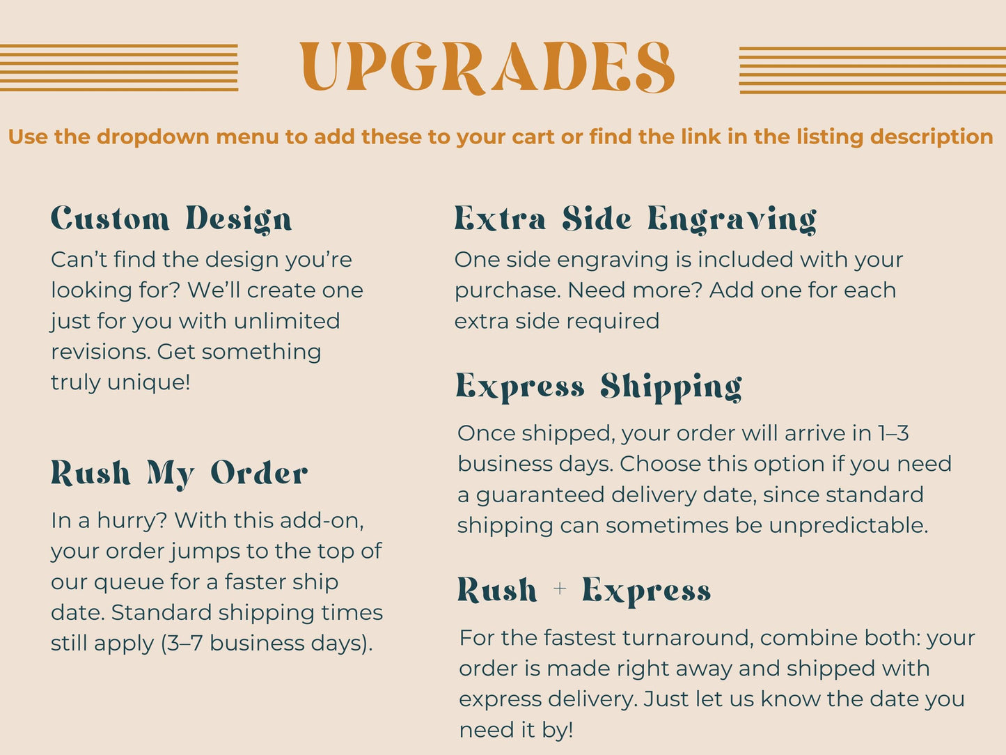 a list of upgrades for a cart, including custom design, extra side engraving, express shipping, and rush My Order. The text provides information about these upgrades and their respective prices, as well as the shipping options available.