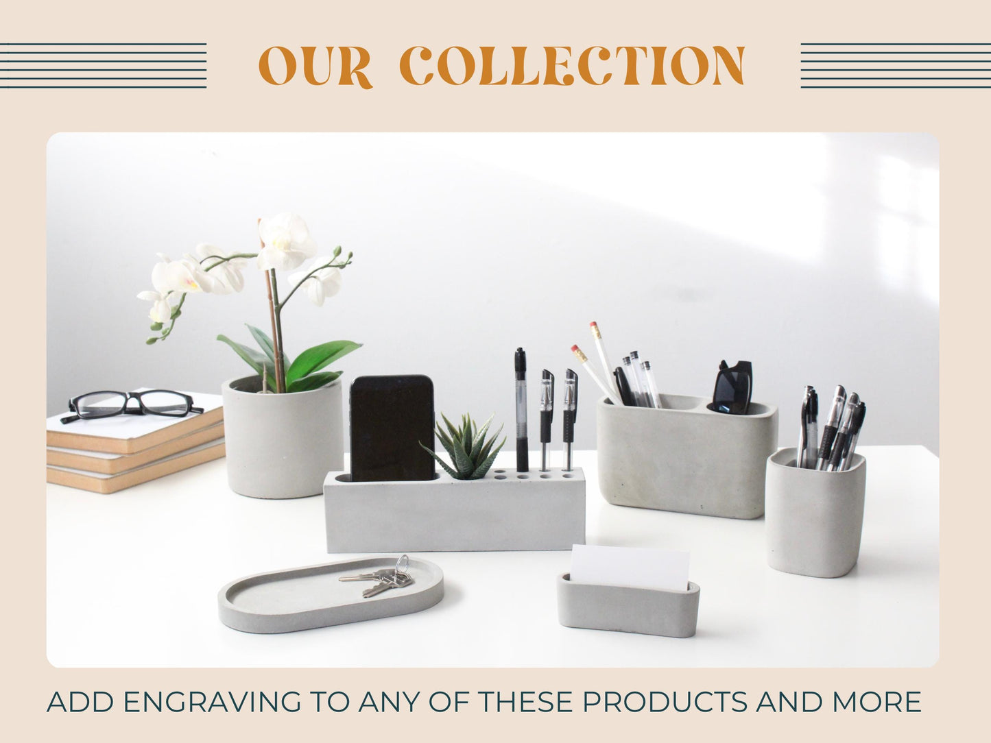 a collection of various office supplies and accessories, including pens, pencils, a phone, and a plant, arranged on a white surface.