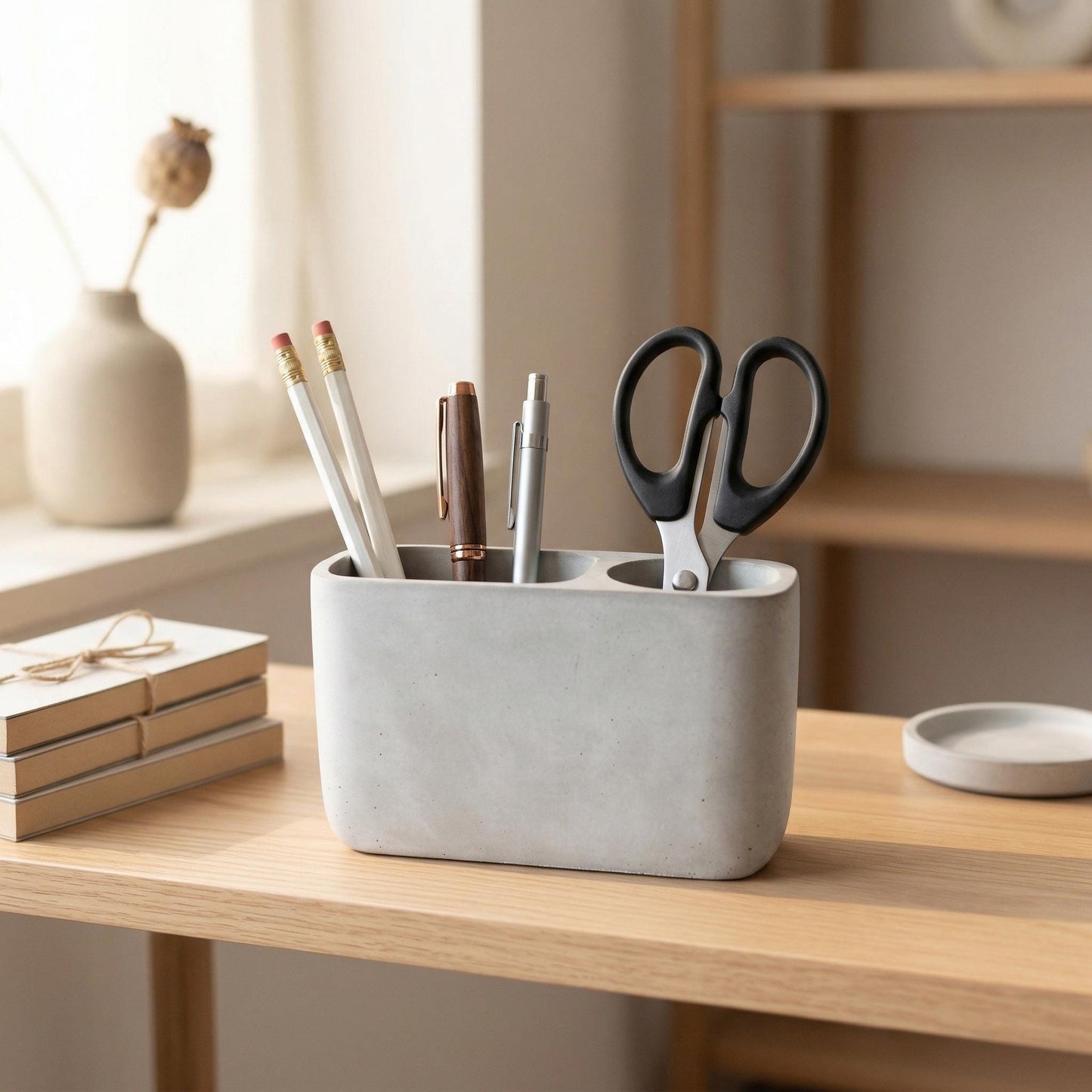 A gray pencil holder on a wooden desk, containing pens, pencils, and scissors, with a stack of books and a vase of flowers in the background.