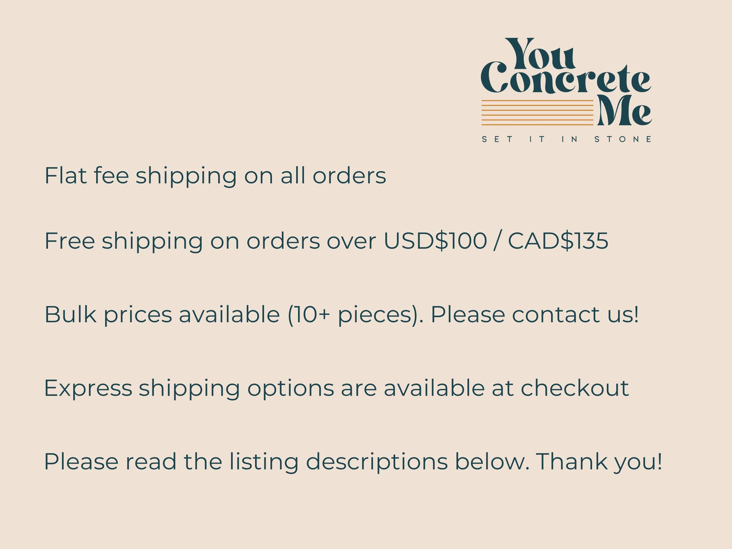 text that provides information about the shipping process for an order. It includes details about flat fee shipping, free shipping on orders over USD$100/CAD$135, bulk pricing, and express shipping options available at checkout. The text also encourages the reader to read the listing descriptions and expresses gratitude for their business.