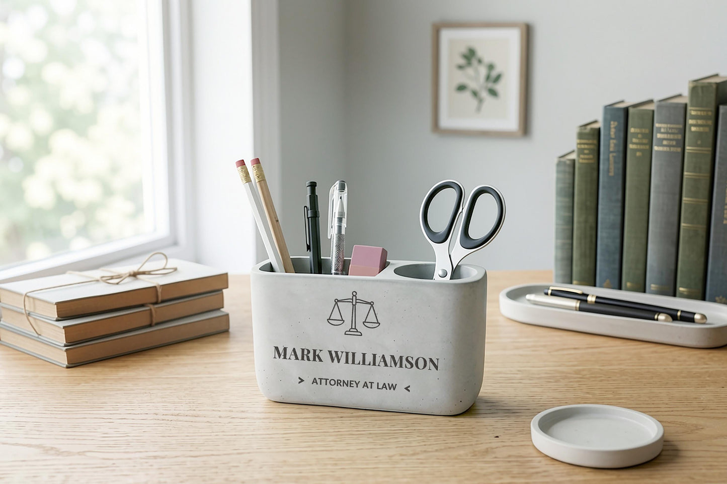 A wooden desk with a white container holding various office supplies, including pens, pencils, and scissors, as well as a stack of books and a framed picture.