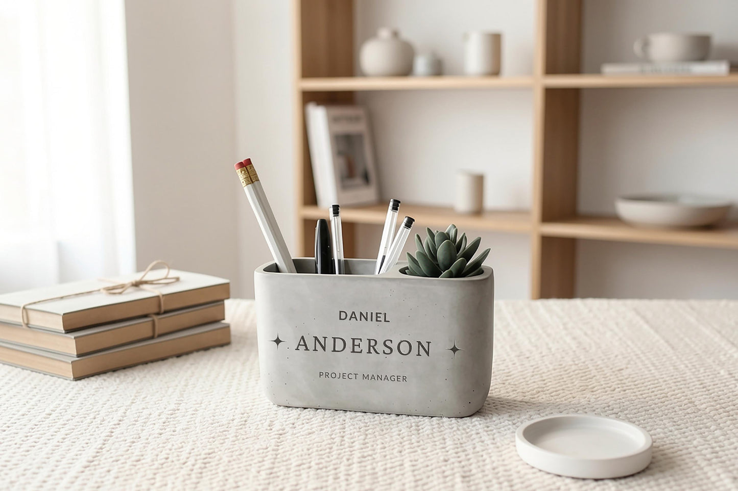 A gray desk organizer with pens and pencils sits on a white surface, with a stack of books and a small plant in a white pot nearby.