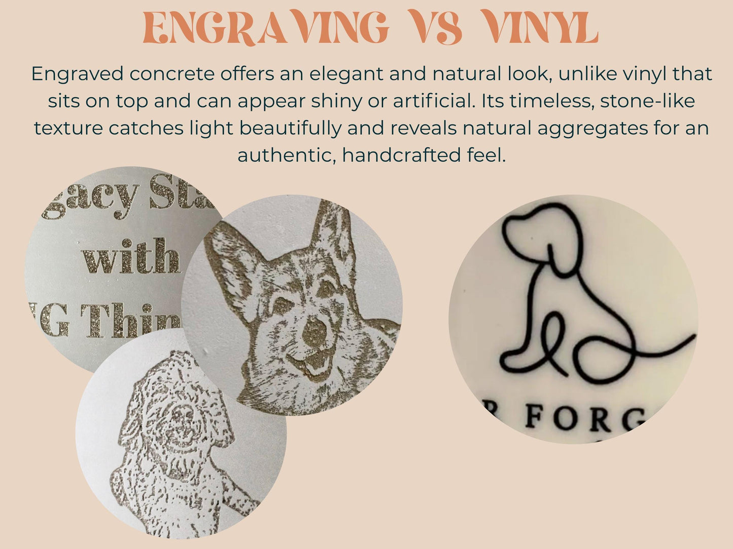 The image is a comparison between engraving and vinyl, featuring three different images: a concrete engraving, a dog engraving, and a vinyl dog logo.